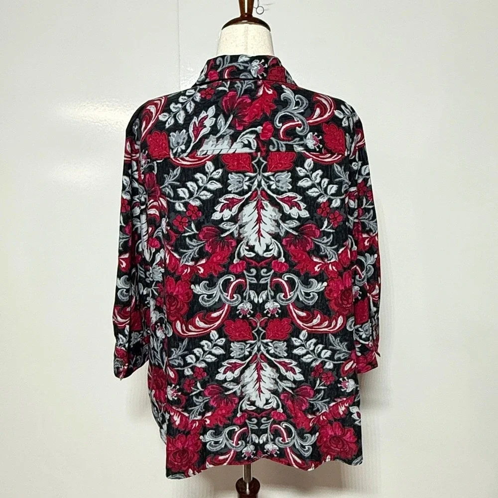 Croft & Barrow Top Shirt Womans 3X Red Black Floral Button Up 3/4 Sleeve Blouse - Picture 3 of 9